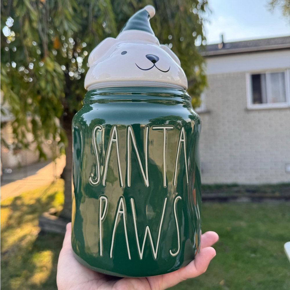 Rae Dunn Holiday Ceramic SANTA PAWS Puppy Topper Dog Treat Canister Medium